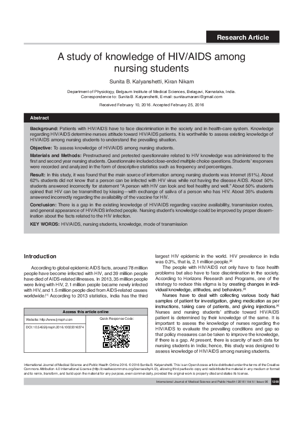 (PDF) A study of knowledge of HIV/AIDS among nursing students