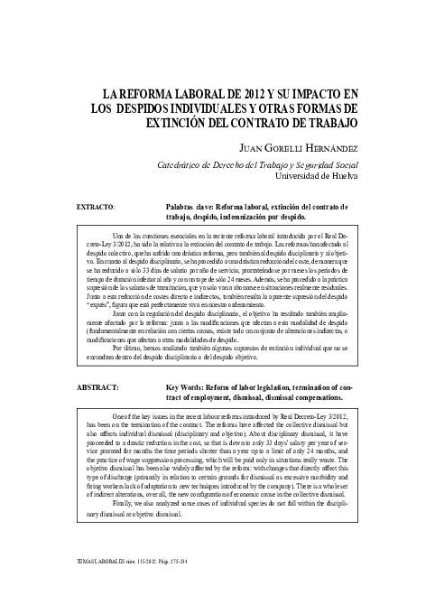 (PDF) La reforma laboral de 2012 y su impacto en los despidos ...