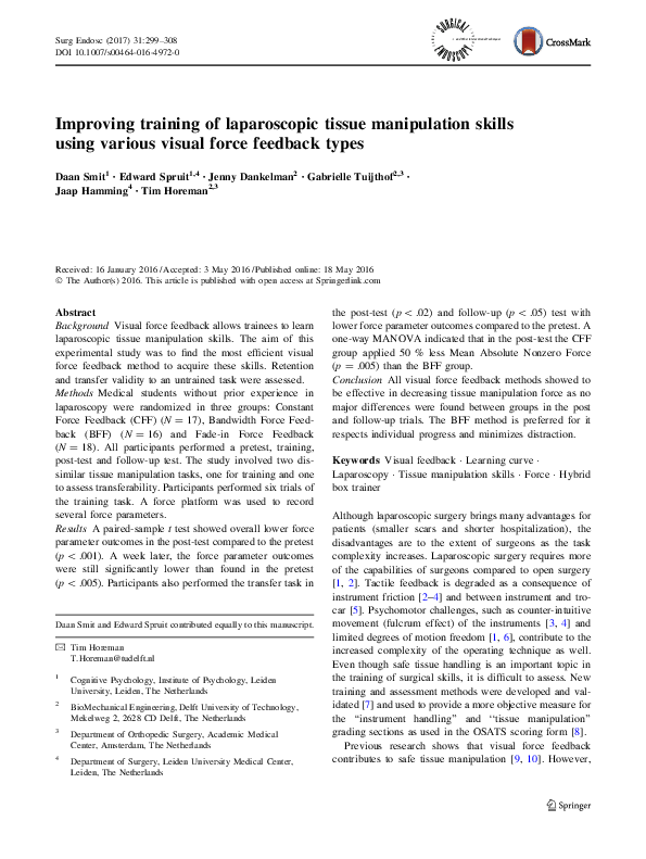 (PDF) Improving training of laparoscopic tissue manipulation skills ...