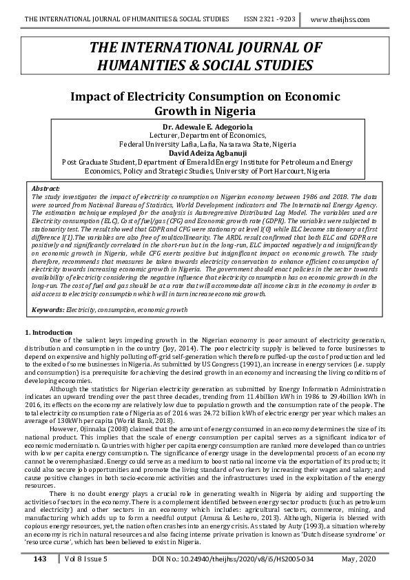 (PDF) Impact of Electricity Consumption on Economic Growth in Nigeria