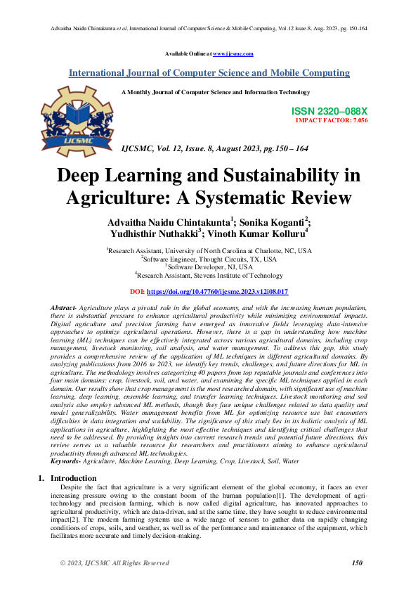 (PDF) Deep Learning and Sustainability in Agriculture: A Systematic Review