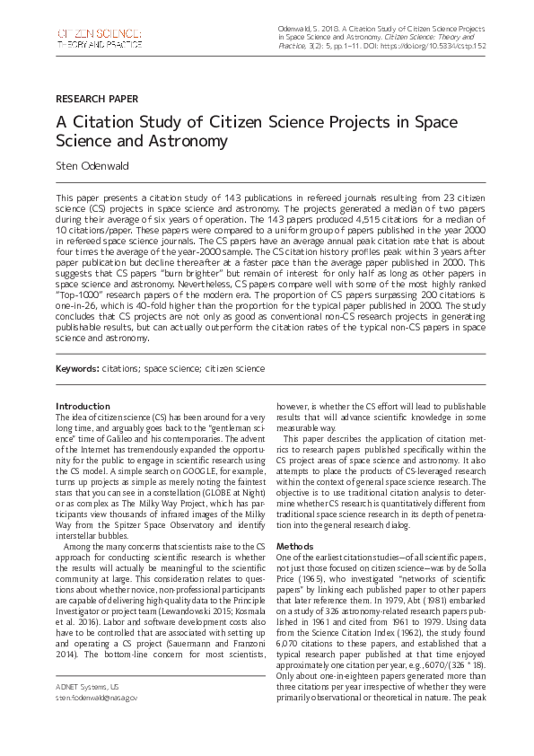 (PDF) A Citation Study of Citizen Science Projects in Space Science and ...