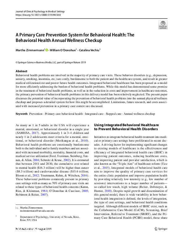 (PDF) A Primary Care Prevention System for Behavioral Health: The ...