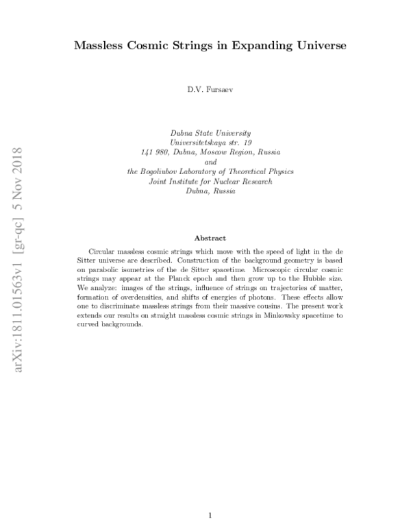 (PDF) Massless cosmic strings in an expanding universe | Dmitri Fursaev ...