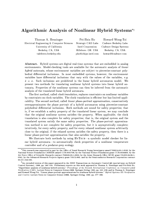 (PDF) Algorithmic analysis of nonlinear hybrid systems