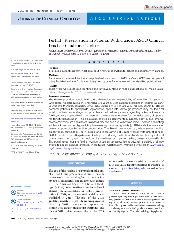 (PDF) Fertility Preservation in Patients With Cancer: ASCO Clinical ...
