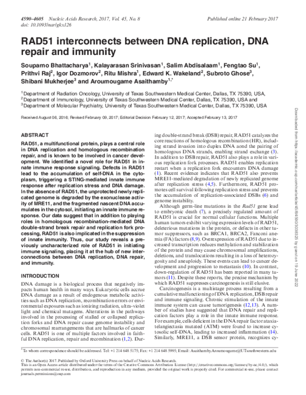 (PDF) RAD51 interconnects between DNA replication, DNA repair and immunity