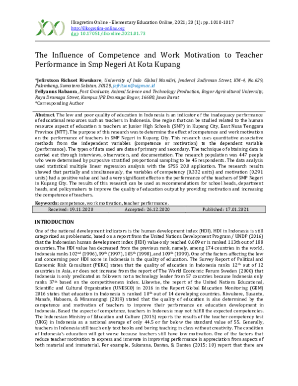 (PDF) The Influence of Competence and Work Motivation to Teacher ...