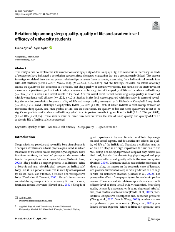 (PDF) Relationship among sleep quality, quality of life and academic ...