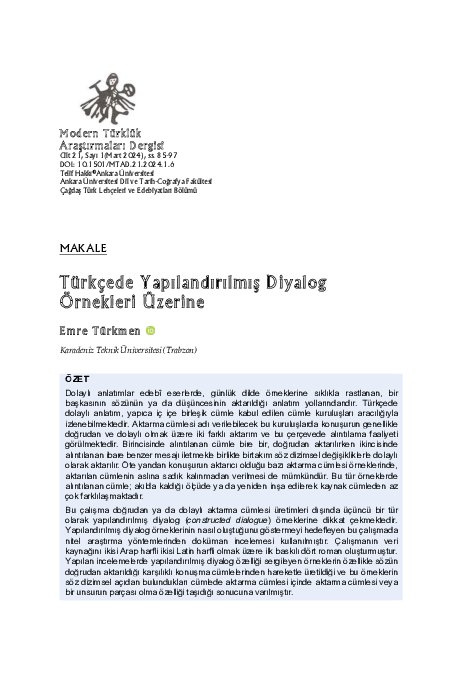 (PDF) Türkçede Yapılandırılmış Diyalog Örnekleri Üzerine