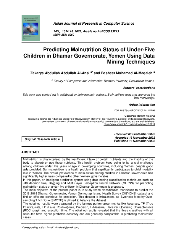 (PDF) Predicting Malnutrition Status of Under-Five Children in Dhamar ...