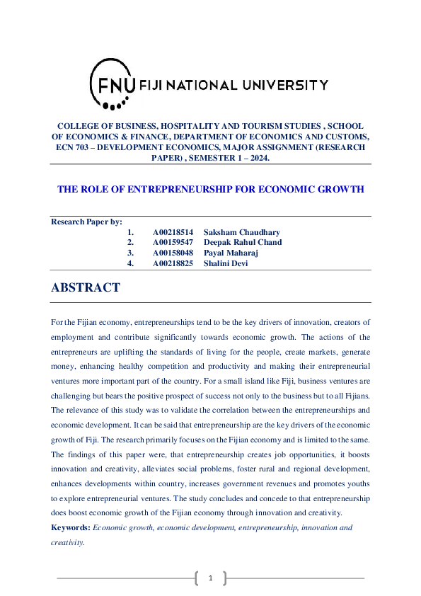 (PDF) THE ROLE OF ENTREPRENEURSHIP FOR ECONOMIC GROWTH Research Paper by: 1
