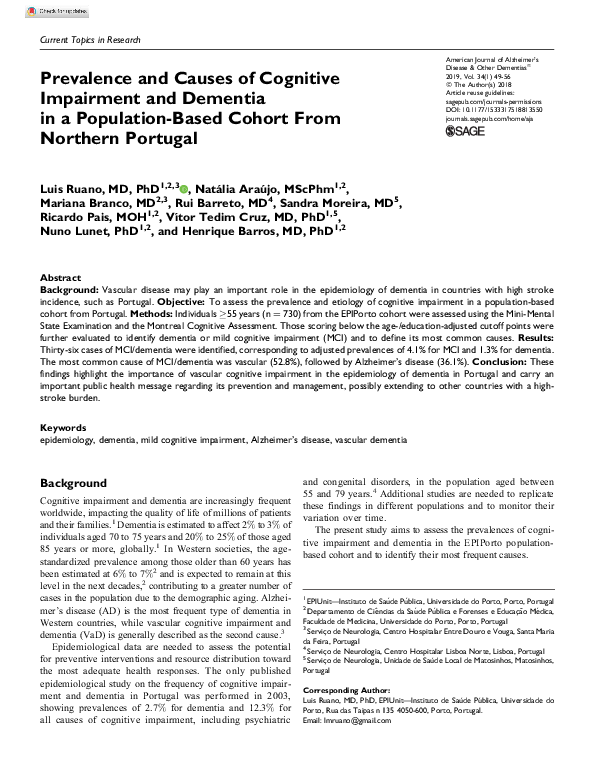 (PDF) Prevalence and Causes of Cognitive Impairment and Dementia in a ...