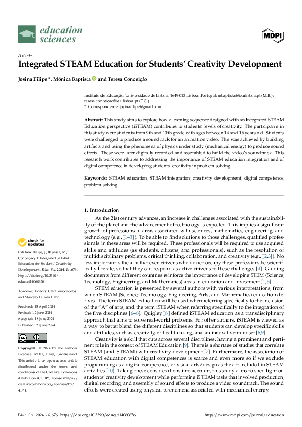 (PDF) Integrated STEAM Education for Students' Creativity Development