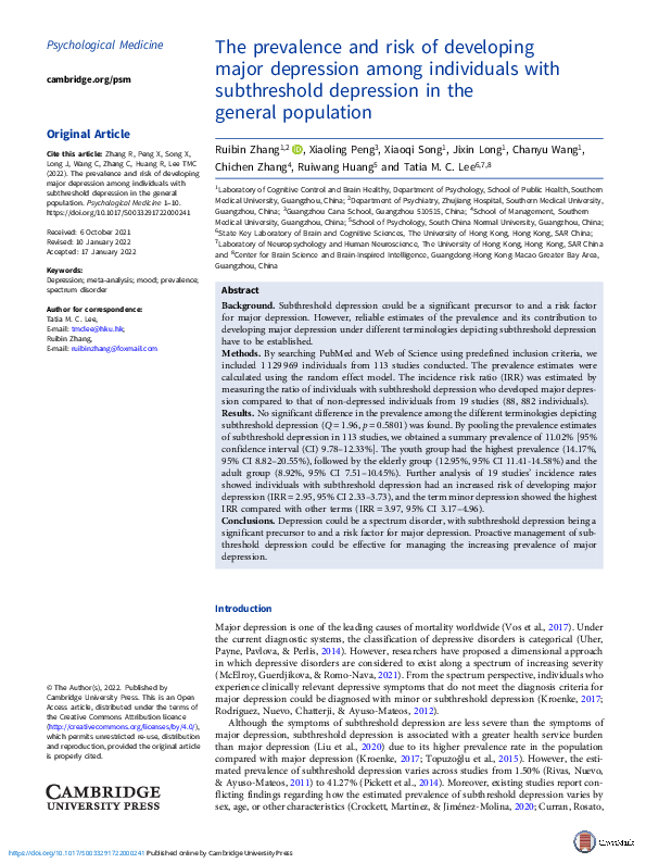 (PDF) The prevalence and risk of developing major depression among ...