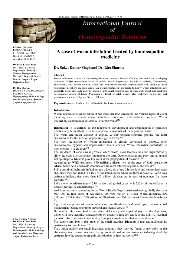(PDF) A case of worm infestation treated by homoeopathic medicine