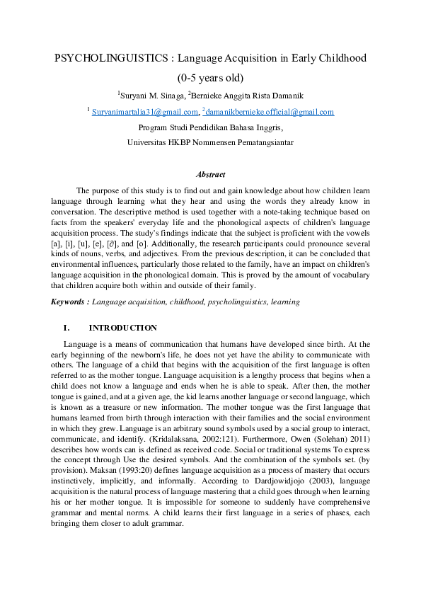 (PDF) PSYCHOLINGUISTICS : Language Acquisition in Early Childhood (0-5 ...