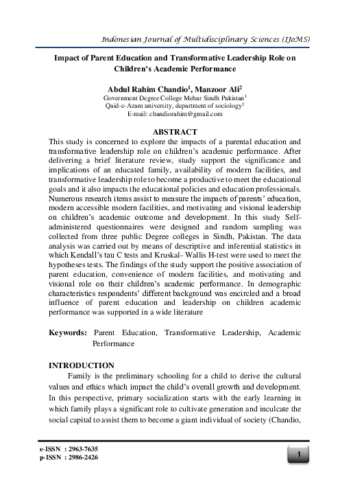 (PDF) Impact of Parent Education and Transformative Leadership Role on ...