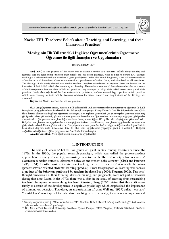 (PDF) Novice EFL Teachers' Beliefs about Teaching and Learning, and ...