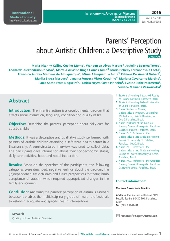 (PDF) Parents’ Perception About Autistic Children: A Descriptive Study