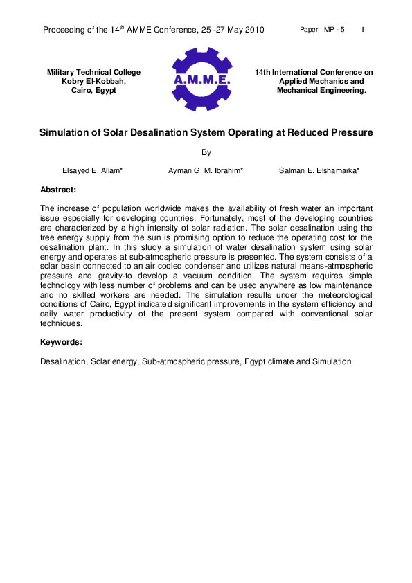 (PDF) Simulation of Solar Desalination System Operating at Reduced Pressure