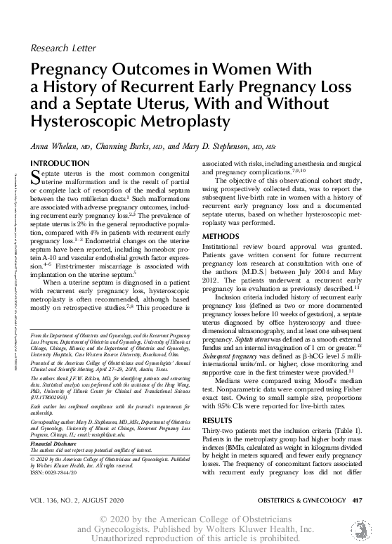 (PDF) Pregnancy Outcomes in Women With a History of Recurrent Early ...