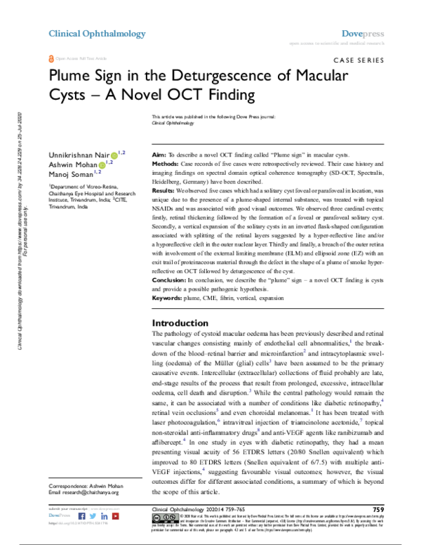 (PDF) Plume Sign in the Deturgescence of Macular Cysts – A Novel OCT ...