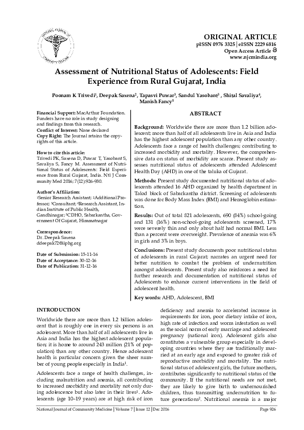 (PDF) Assessment of Nutritional Status of Adolescents: Field Experience ...