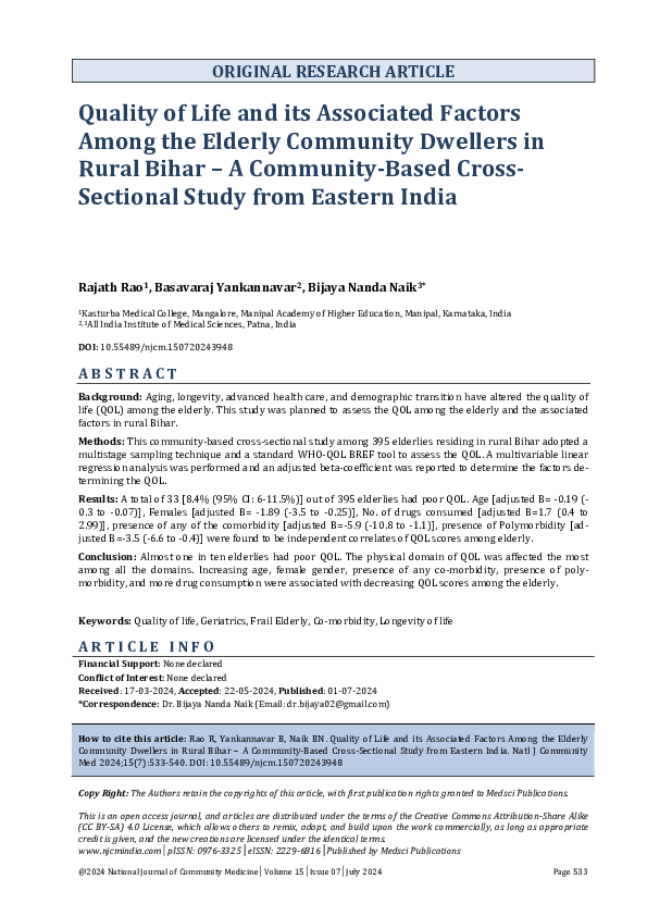 (PDF) Quality of Life and its Associated Factors Among the Elderly ...