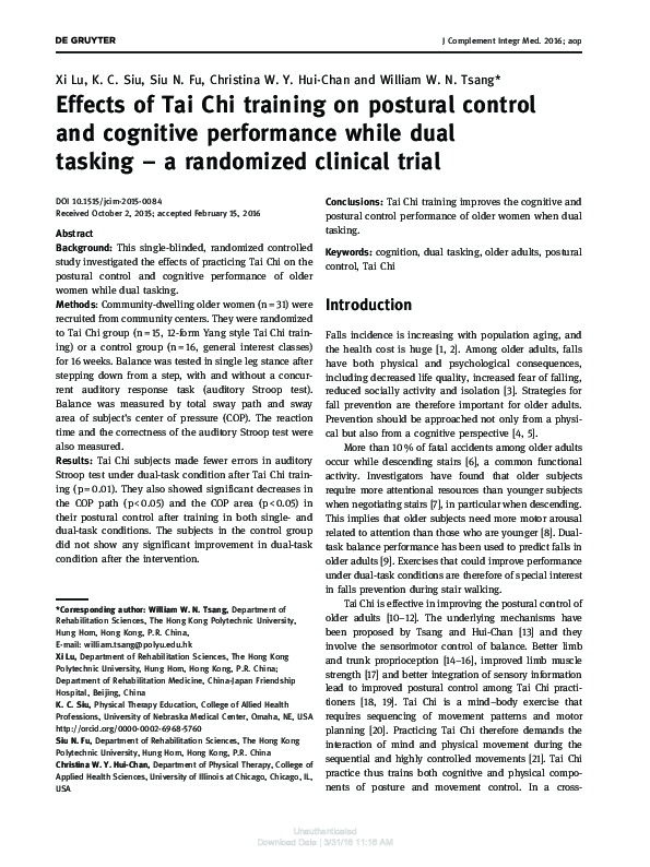(PDF) Effects of Tai Chi training on postural control and cognitive ...