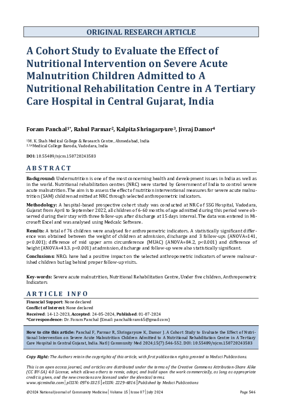 (PDF) A Cohort Study to Evaluate the Effect of Nutritional Intervention ...