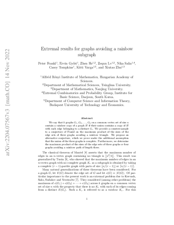(PDF) Extremal results for graphs avoiding a rainbow subgraph