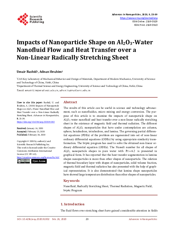 (PDF) Impacts of Nanoparticle Shape on Al 2 O 3 -Water Nanofluid Flow ...