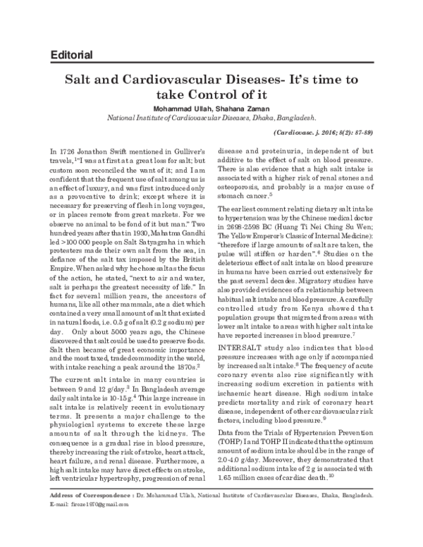 (PDF) Salt and Cardiovascular Diseases- It’s time to take Control of it