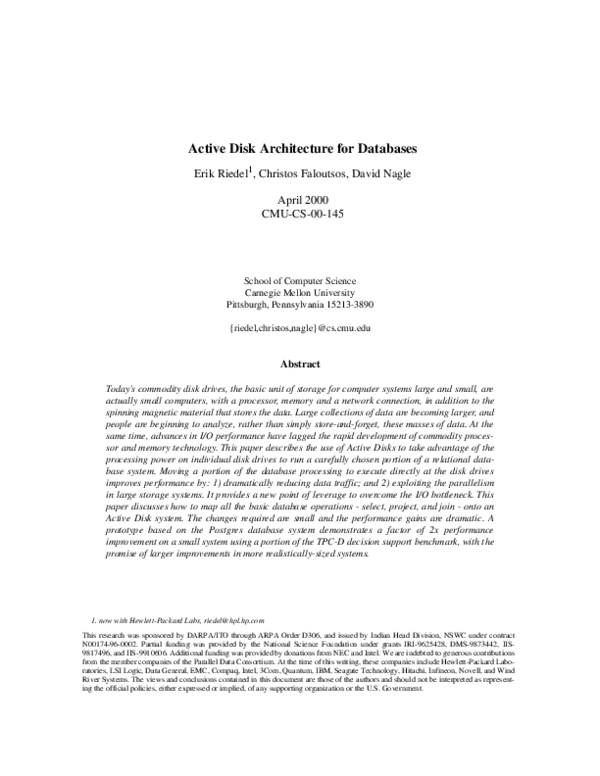 (PDF) Active Disk Architecture for Databases (CMU-CS-00-145) | David ...