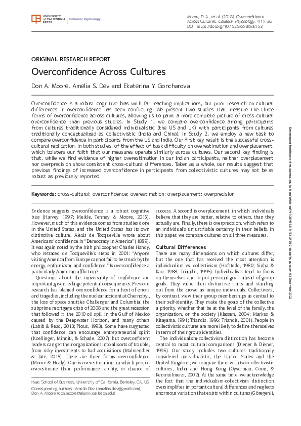(PDF) Overconfidence Across Cultures