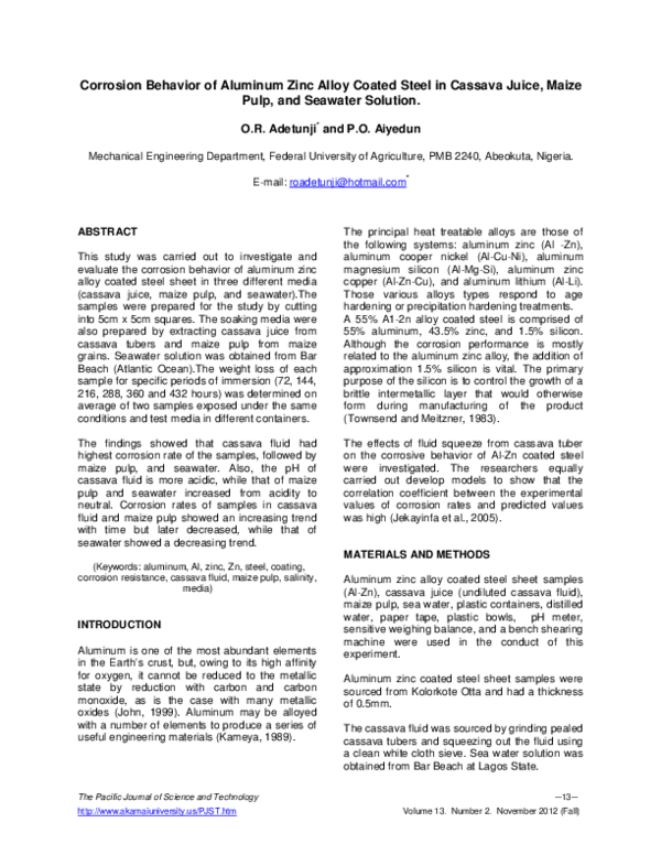 (PDF) Corrosion Behavior of Aluminum Zinc Alloy Coated Steel in Cassava ...