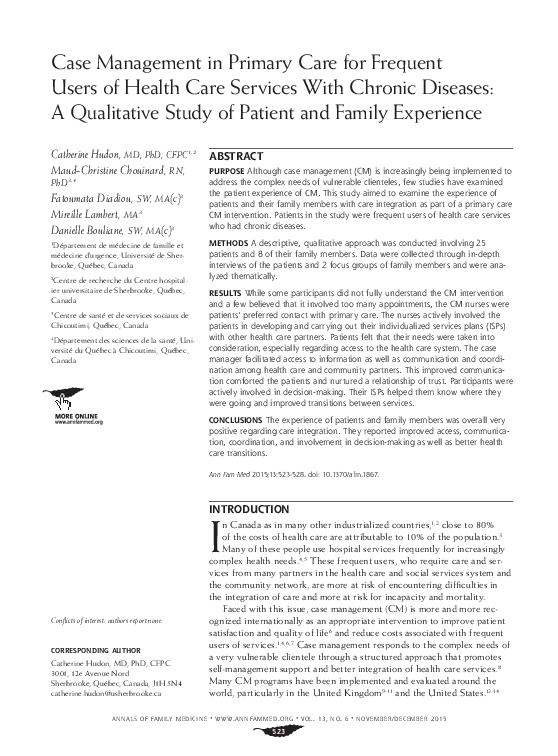 (PDF) Case Management in Primary Care for Frequent Users of Health Care ...