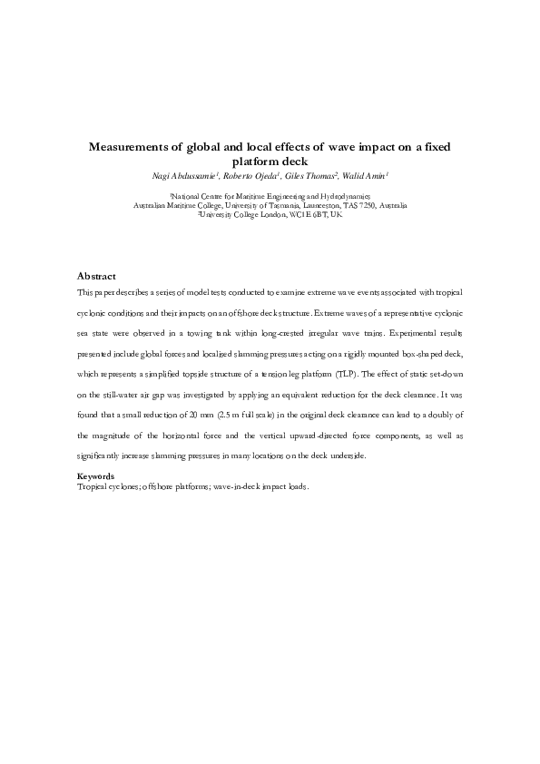(PDF) Measurements of global and local effects of wave impact on a ...