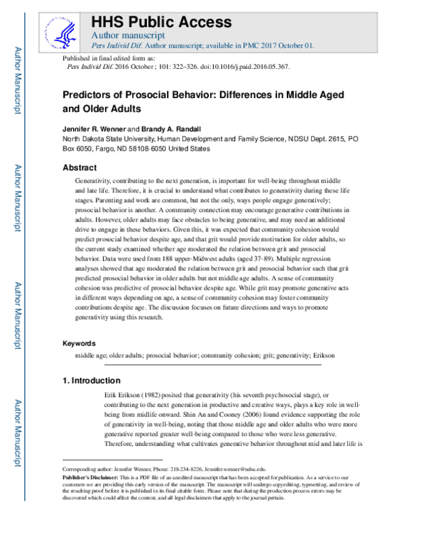 (PDF) Predictors of prosocial behavior: Differences in middle aged and ...