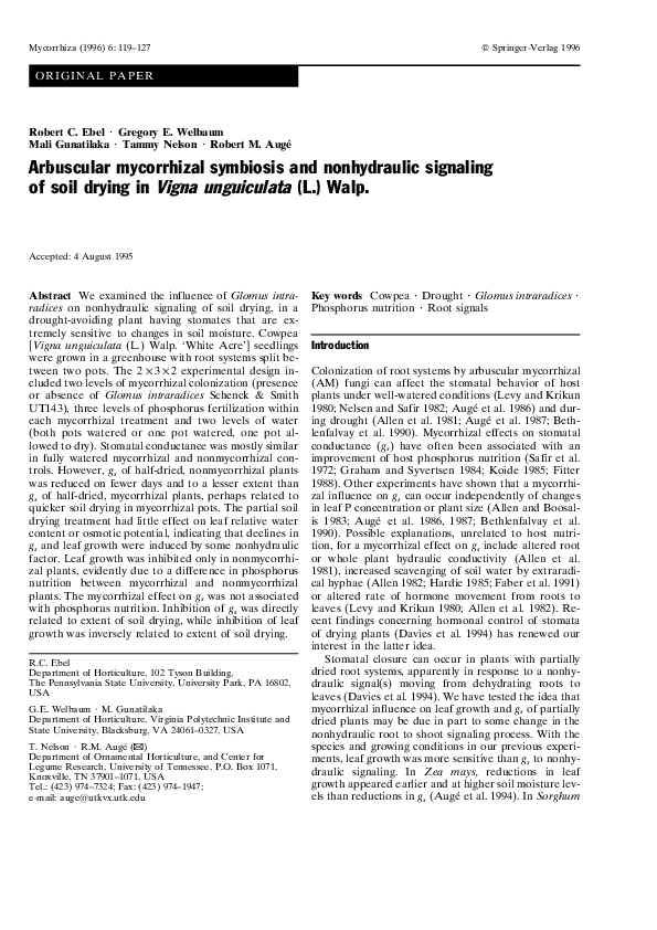 (PDF) Arbuscular mycorrhizal symbiosis and nonhydraulic signaling of ...