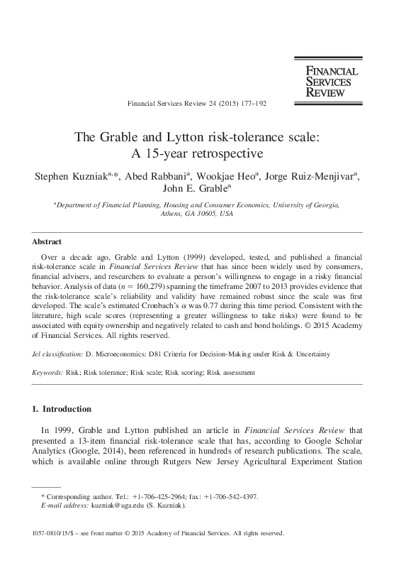 (PDF) The Grable and Lytton risk-tolerance scale