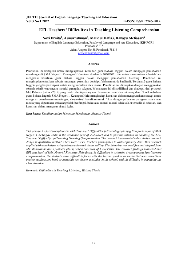 (PDF) EFL Teachers’ Difficulties in Teaching Listening Comprehension