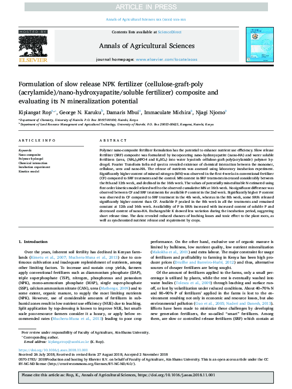 (PDF) Formulation of slow release NPK fertilizer (cellulose-graft-poly ...