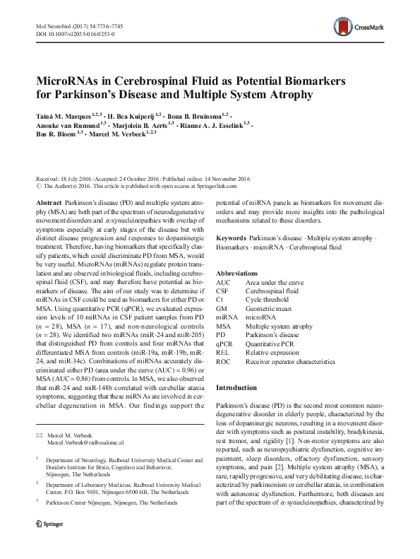 (PDF) MicroRNAs in Cerebrospinal Fluid as Potential Biomarkers for ...