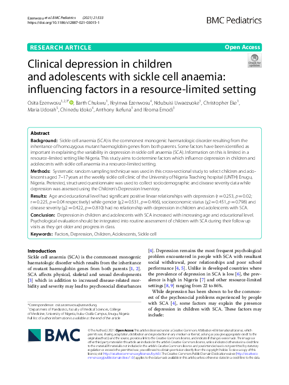 (PDF) Clinical depression in children and adolescents with sickle cell ...
