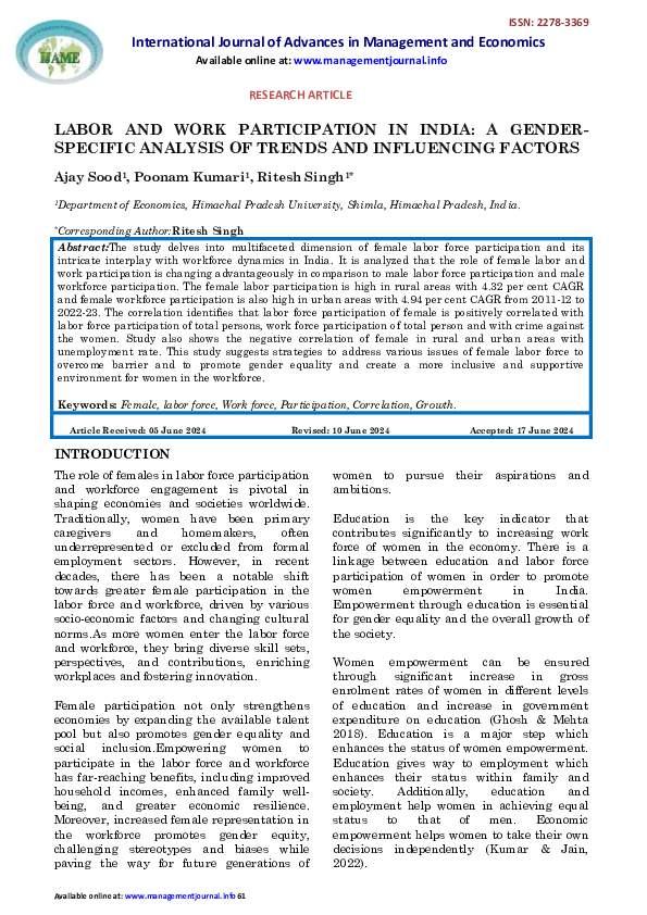 (PDF) LABOR AND WORK PARTICIPATION IN INDIA: A GENDER SPECIFIC ANALYSIS ...