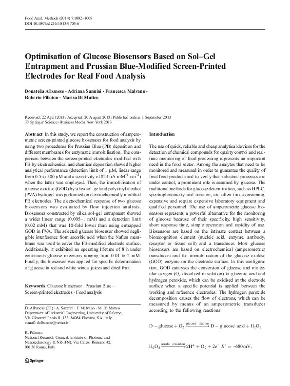 (PDF) Optimisation of Glucose Biosensors Based on Sol–Gel Entrapment ...
