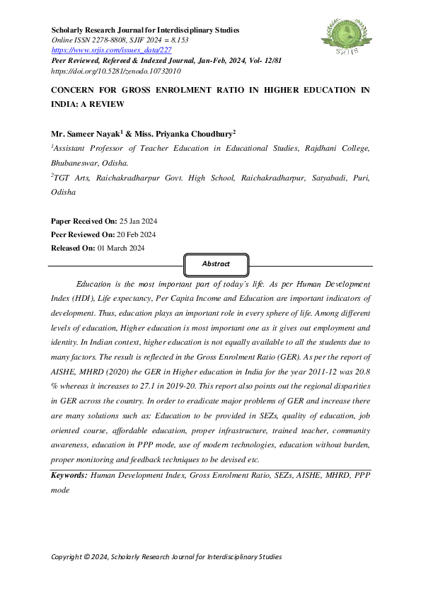 (PDF) CONCERN FOR GROSS ENROLMENT RATIO IN HIGHER EDUCATION IN INDIA: A ...