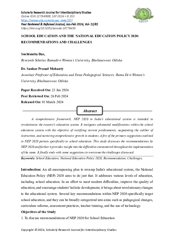 (PDF) SCHOOL EDUCATION AND THE NATIONAL EDUCATION POLICY 2020 ...